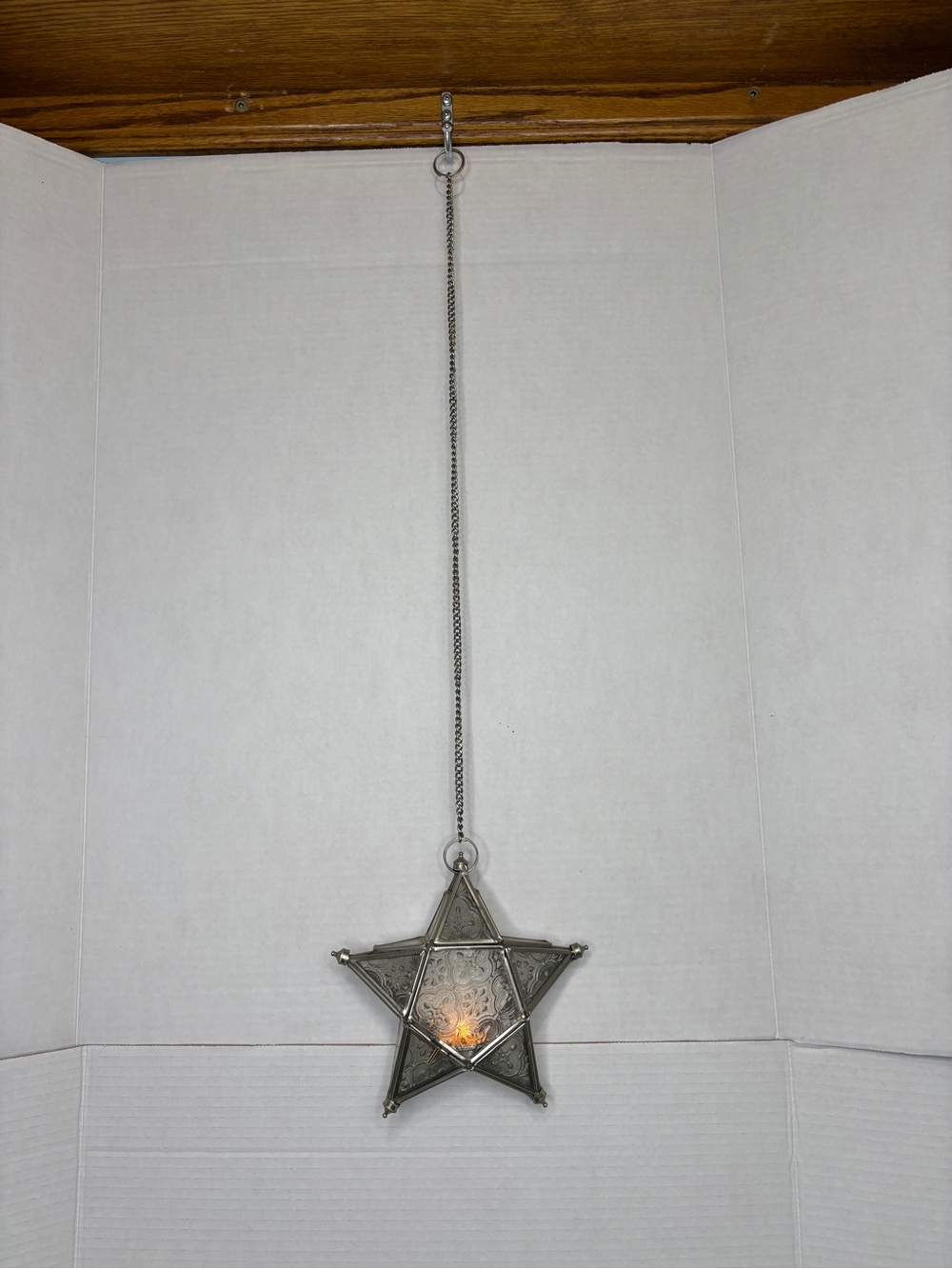 Hanging Glass Star Tea Light Lantern Metal Silver Finish Celestial Room Decor